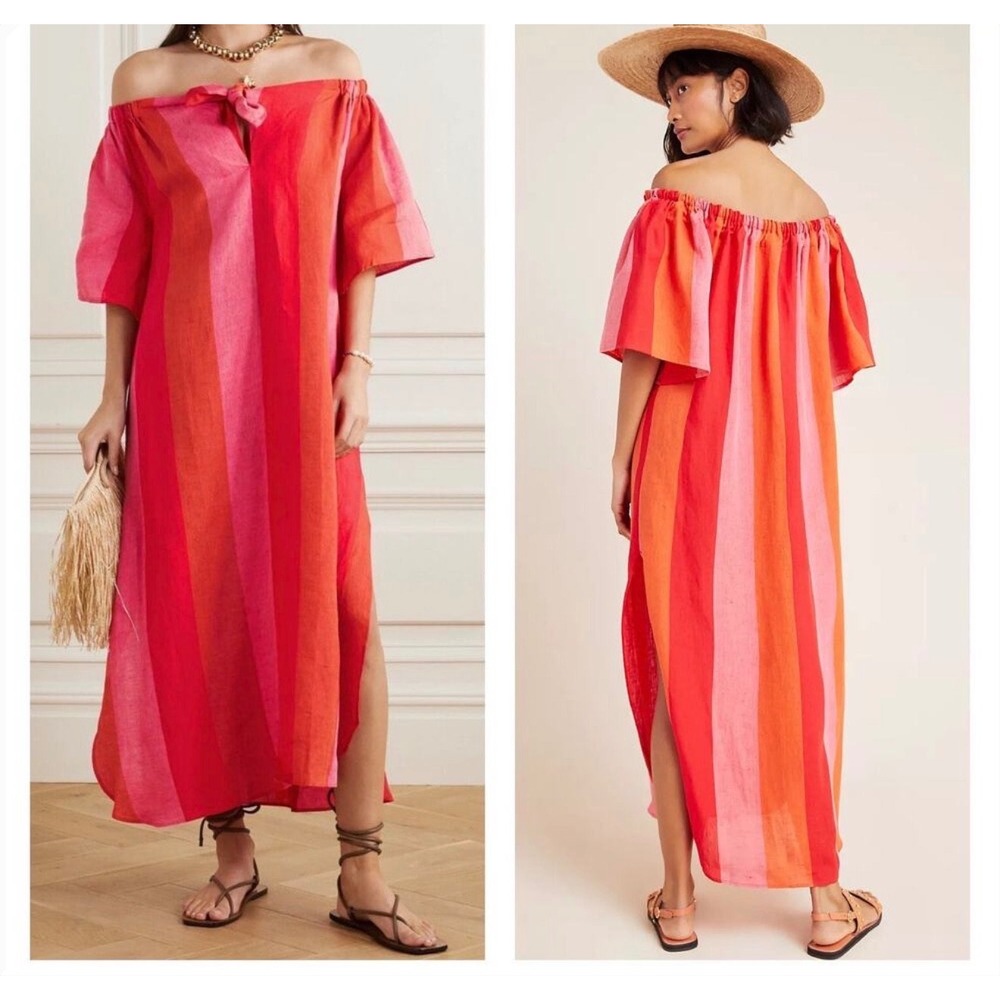 Mara Hoffman Swim Red Pink Orange Striped Linen Off Shoulder Maxi Dress XS